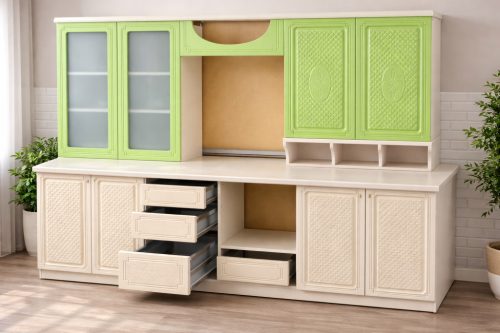 Bucătărie Verde Royal 260 – model modern rustic cu fronturi riflate verzi